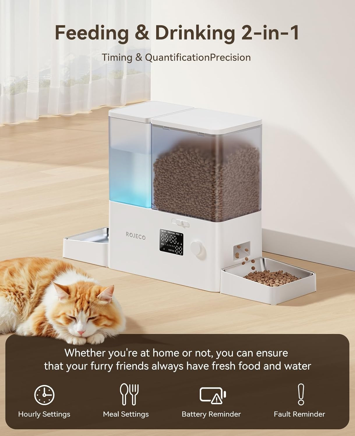 Automatic Cat Feeder and Water Dispenser,36Cups/8.5L 2-In-1 Stainless Steel Bowls Large Capacity Cat Food Dispenser and Gravity Water Fountain for Cats Small Dogs Puppies Kittens Pets