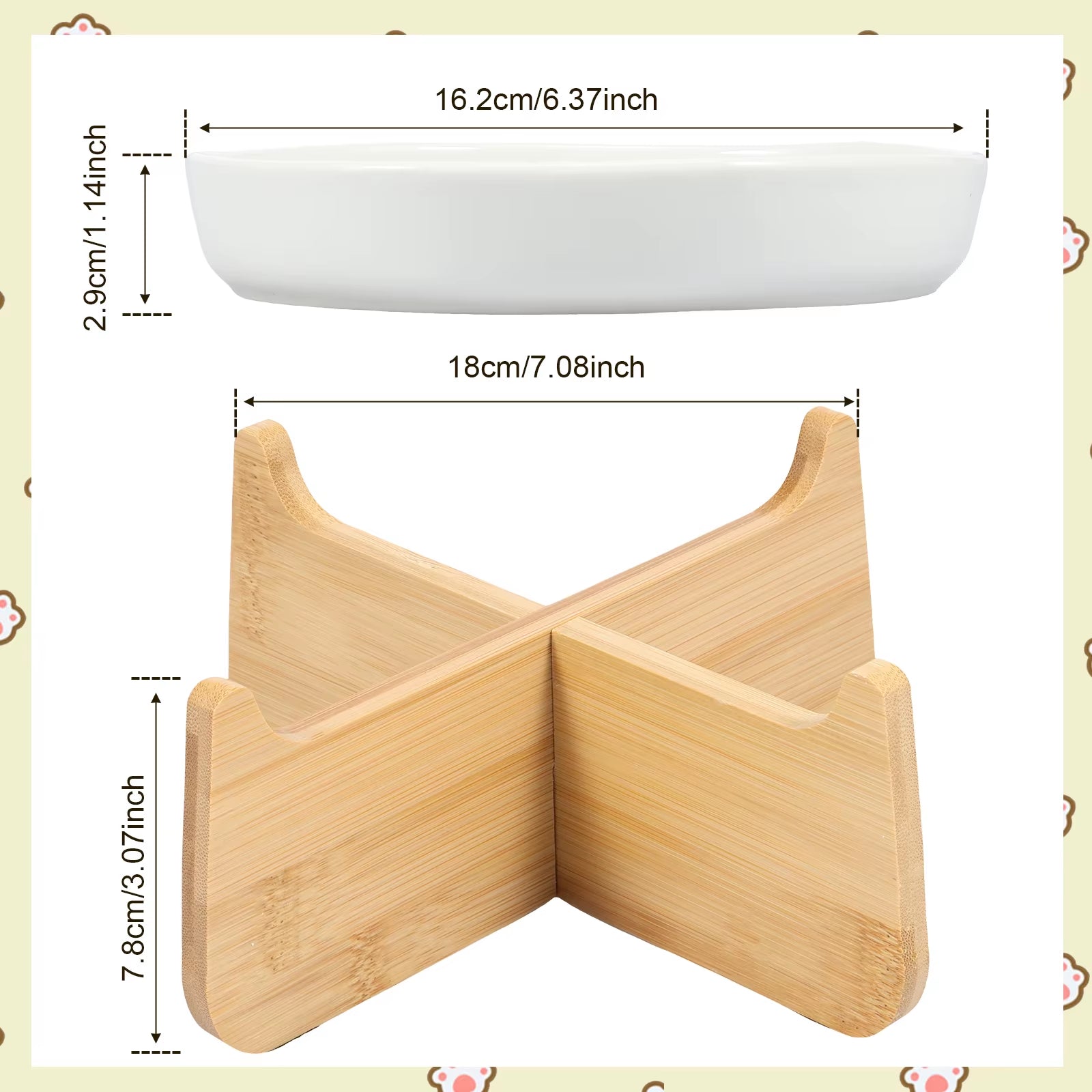 Raised Cat Bowl Elevated Cat Bowls with Wood Stand Ceramic Slow Feeder Bowl Cat Feeding Bowl anti Vomiting Cat Food Bowl Non-Sli
