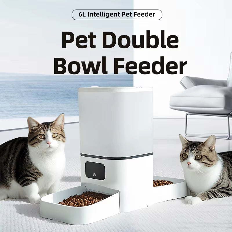 6L WIFI Cat Automatic Feeder, Double Meal Pet Feeder, Cat Food Dispenser That Can Feed 2 Pets at the Same Time, Dog Feeder