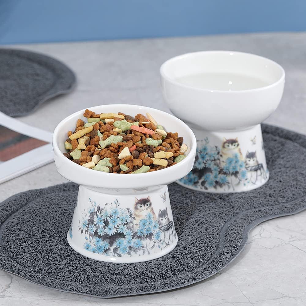 Blue Elevated Cat Bowls for Food and Water - Ceramic Cat Food Bowls with Non Slip Mat - Anti-Vomiting Raised and Tilted Cat Dish Set - Double Pet Bowl for Cats and Small Dogs