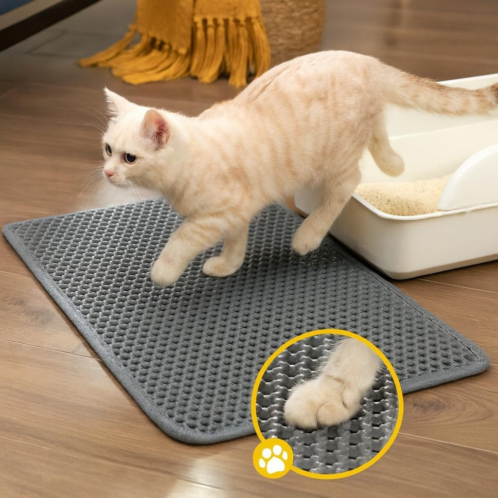 Cat Litter Mat, 15"X24" Small Double Layer Litter Trapping Mat, Waterproof/Urineproof, Easy to Clean Kitty Litter Mats for Floor, Scatter Control (Grey-1Pack)