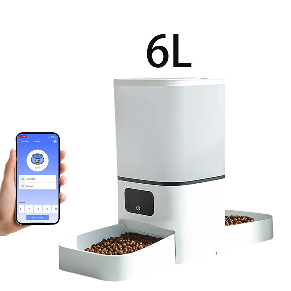 6L WIFI Cat Automatic Feeder, Double Meal Pet Feeder, Cat Food Dispenser That Can Feed 2 Pets at the Same Time, Dog Feeder