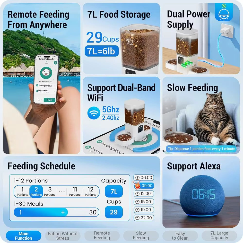 Automatic Cat Feeder for 2 Cats with Slow Feed, Dual Dog Feeder with 5G, Cat Food Dispenser with APP Control for Multiple Pets,