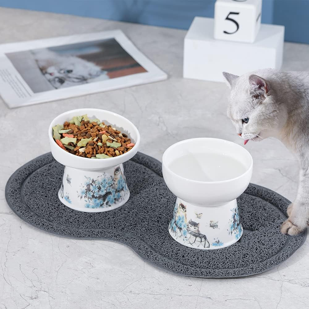 Blue Elevated Cat Bowls for Food and Water - Ceramic Cat Food Bowls with Non Slip Mat - Anti-Vomiting Raised and Tilted Cat Dish Set - Double Pet Bowl for Cats and Small Dogs