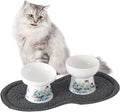 Blue Elevated Cat Bowls for Food and Water - Ceramic Cat Food Bowls with Non Slip Mat - Anti-Vomiting Raised and Tilted Cat Dish Set - Double Pet Bowl for Cats and Small Dogs