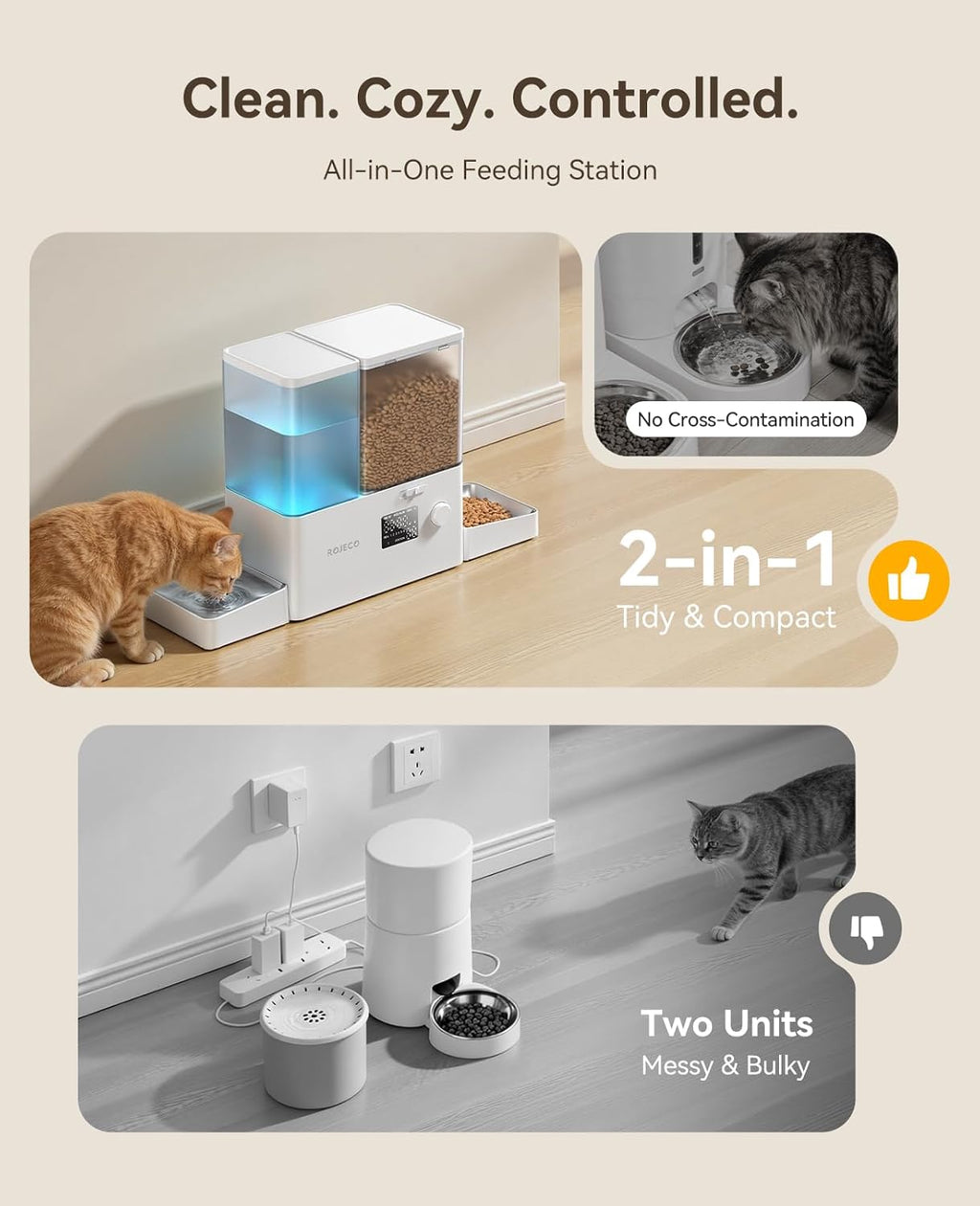 Automatic Cat Feeder and Water Dispenser,36Cups/8.5L 2-In-1 Stainless Steel Bowls Large Capacity Cat Food Dispenser and Gravity Water Fountain for Cats Small Dogs Puppies Kittens Pets
