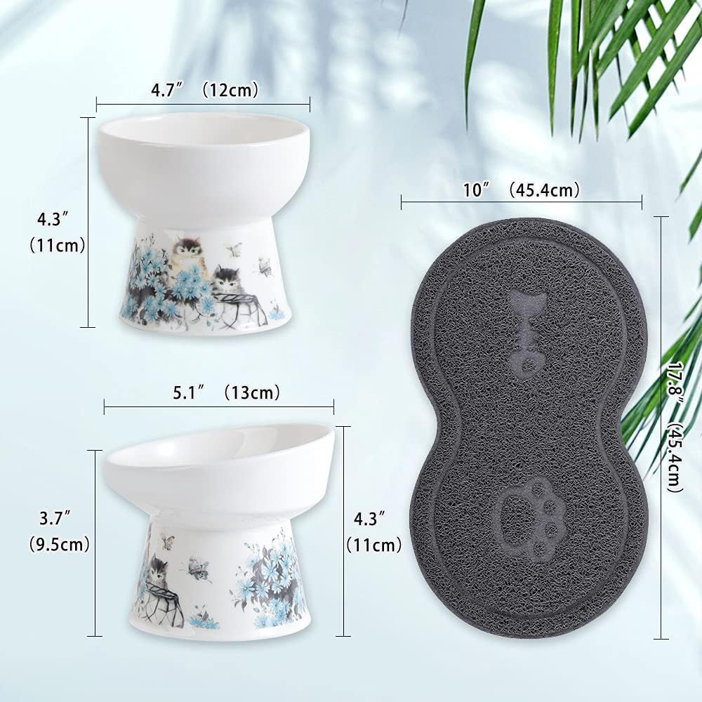Blue Elevated Cat Bowls for Food and Water - Ceramic Cat Food Bowls with Non Slip Mat - Anti-Vomiting Raised and Tilted Cat Dish Set - Double Pet Bowl for Cats and Small Dogs