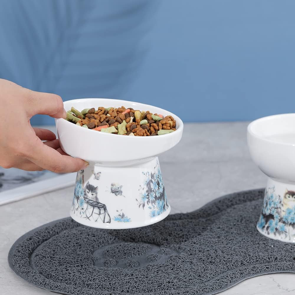 Blue Elevated Cat Bowls for Food and Water - Ceramic Cat Food Bowls with Non Slip Mat - Anti-Vomiting Raised and Tilted Cat Dish Set - Double Pet Bowl for Cats and Small Dogs
