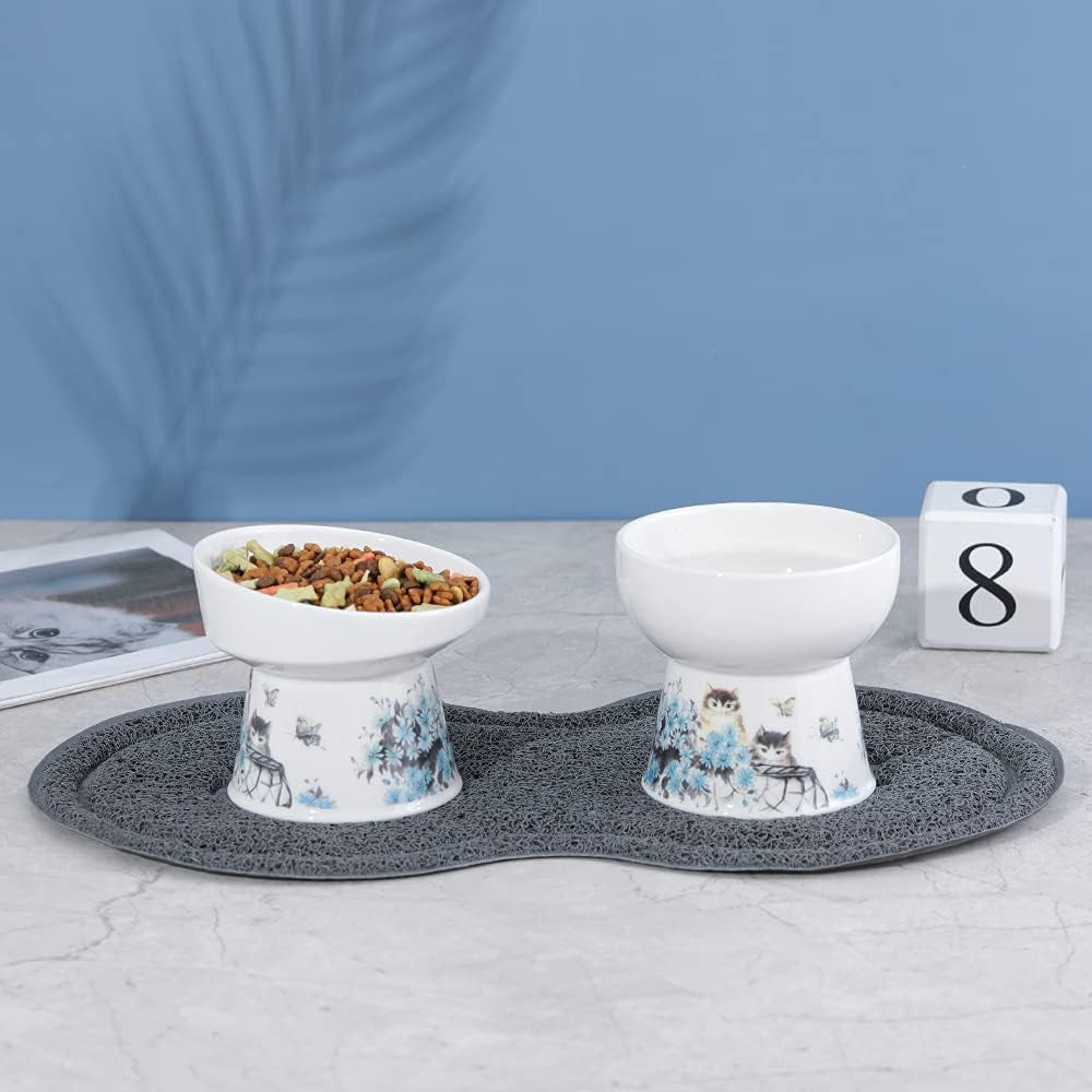 Blue Elevated Cat Bowls for Food and Water - Ceramic Cat Food Bowls with Non Slip Mat - Anti-Vomiting Raised and Tilted Cat Dish Set - Double Pet Bowl for Cats and Small Dogs