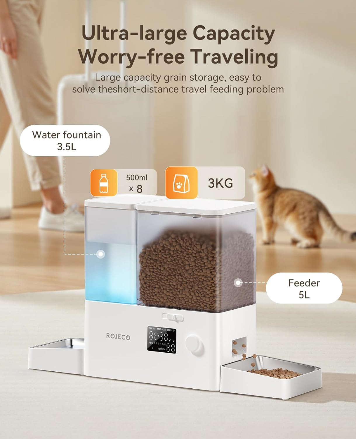 Automatic Cat Feeder and Water Dispenser,36Cups/8.5L 2-In-1 Stainless Steel Bowls Large Capacity Cat Food Dispenser and Gravity Water Fountain for Cats Small Dogs Puppies Kittens Pets