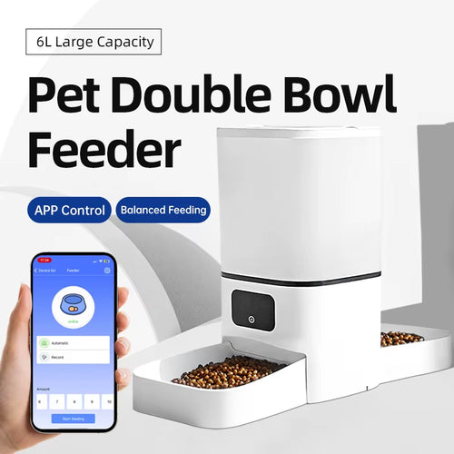 6L WIFI Cat Automatic Feeder, Double Meal Pet Feeder, Cat Food Dispenser That Can Feed 2 Pets at the Same Time, Dog Feeder