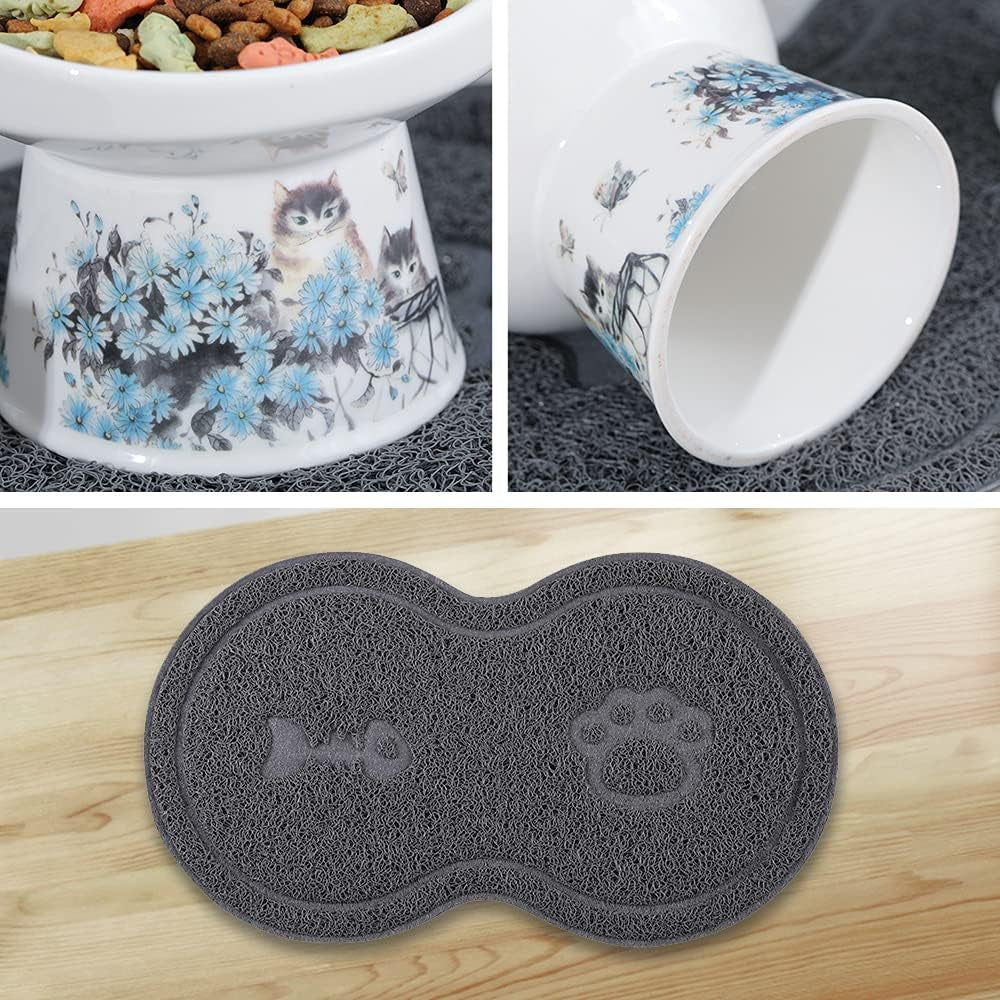 Blue Elevated Cat Bowls for Food and Water - Ceramic Cat Food Bowls with Non Slip Mat - Anti-Vomiting Raised and Tilted Cat Dish Set - Double Pet Bowl for Cats and Small Dogs