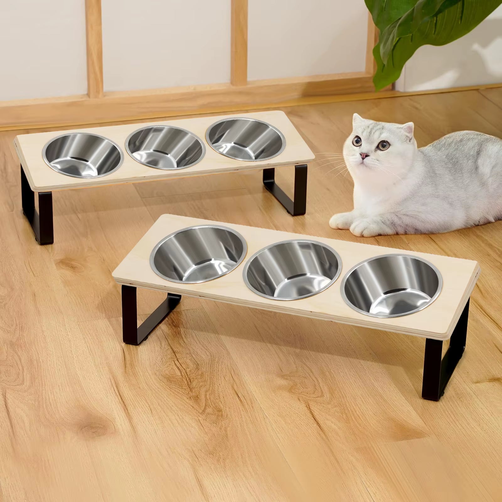 Elevated Cat Bowls with 3 Stainless Steel Bowls 15° Tilted Anti-Vomiting Raised Cat Food Bowl for Small Cats Puppies Accessories